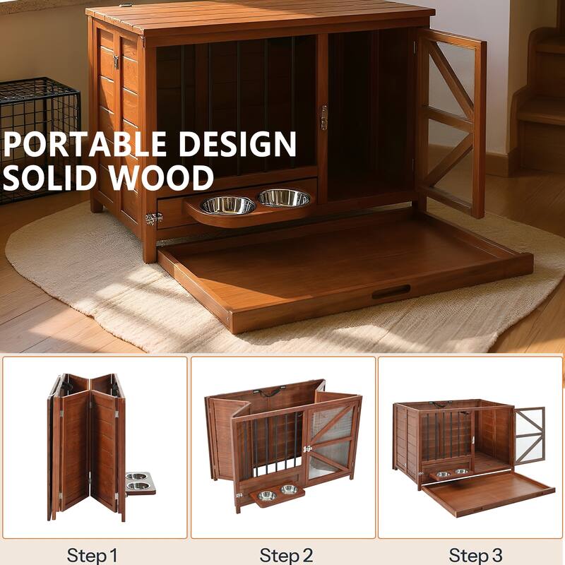 43" Solid Wood Dog Crate Furniture, Foldable Indoor Kennel with 360° Rotating Feeder Multi-Functional End Table