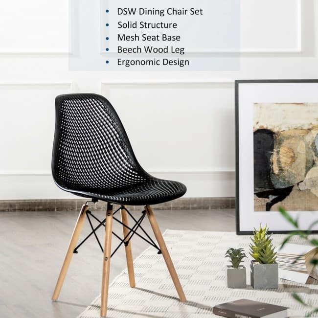 4 Pcs Modern Plastic Hollow Chair Set with Wood Leg - 22" x 18" x 32.5" (L x W x H)