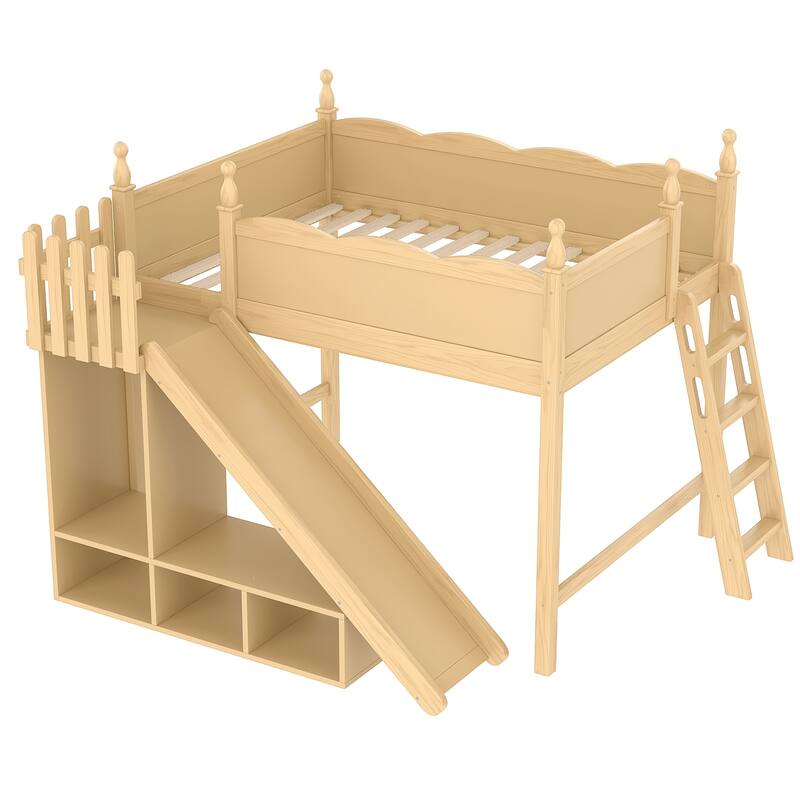 Full Loft Bed with Storage Shelves and Wardrobe, Solid Wood Loft Beds with Detachable Slide and Ladders, No Spring Box Needed
