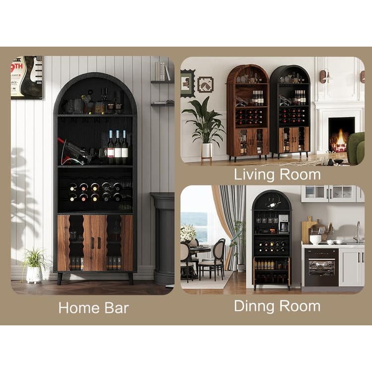 71"Farmhouse Arched Wine Bar Cabinet, Arch Cabinets &Coffee Bar, Whiskey Station With Wine Rack And Wine Glass Holder