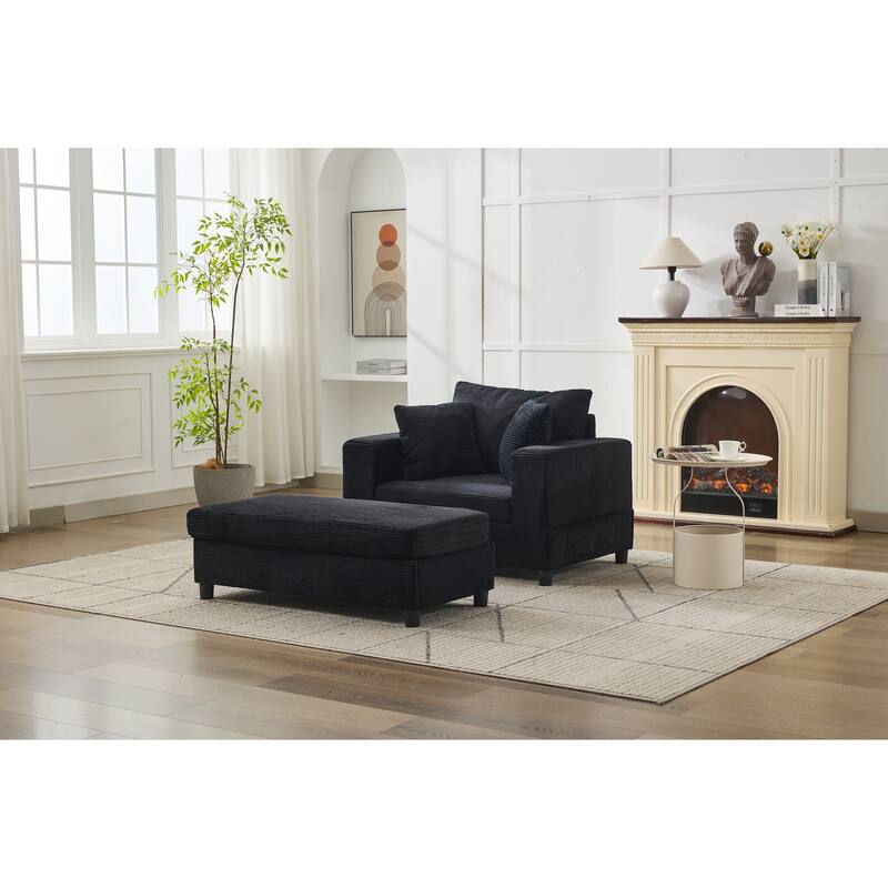 Chaise Lounge Chair with Removable Ottoman, Modern Accent Armchair Corduroy Sleeper Sofa Chair with Pillows for Living Room