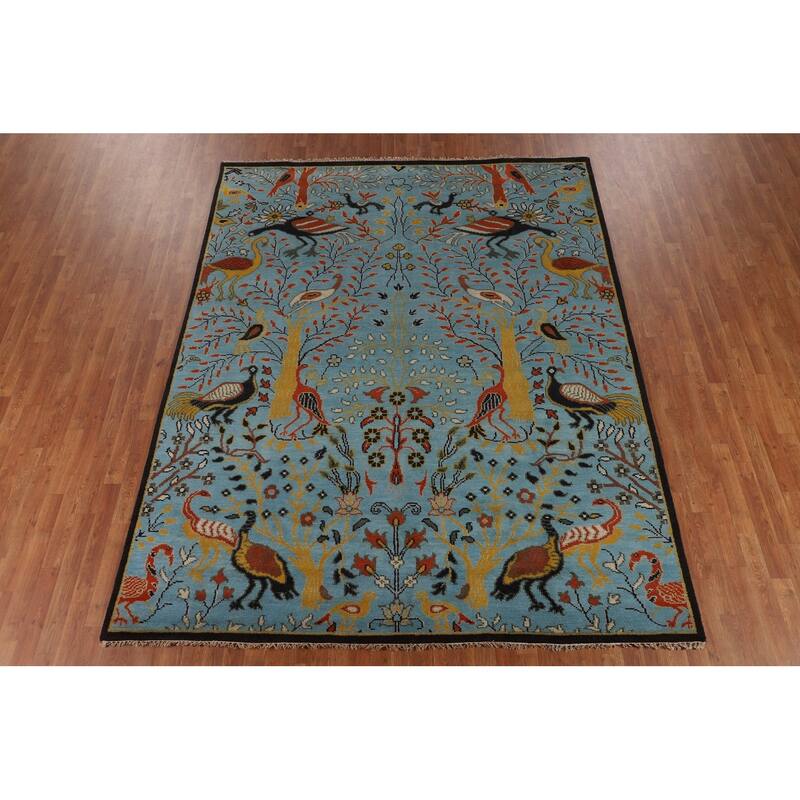 Animals Design Blue Ziegler Oriental Area Rug Hand-Knotted Wool Carpet - 7'10" X 10'0"