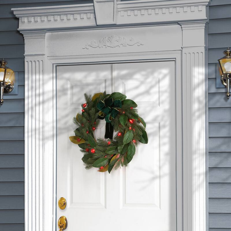 National Tree Company 2 ft. Magnolia Mix Pine Wreath with LED Lights and Bow - 2 ft