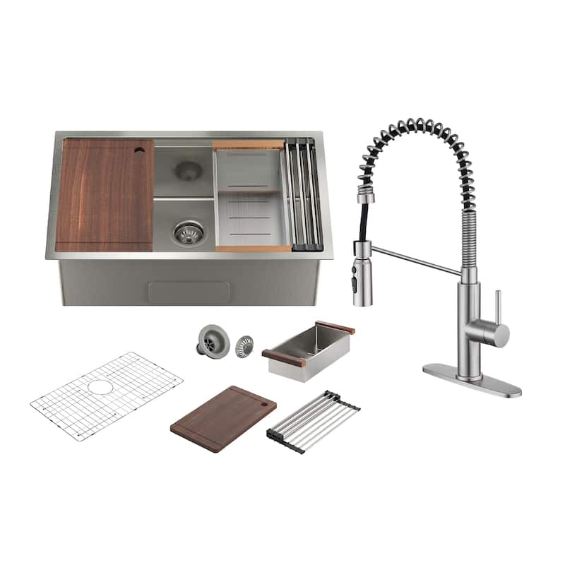 Undermount Single Bowl 16 Gauge Nano Stainless Steel Workstation Kitchen Sink with Pull Down Kitchen Faucet and Accessories - 30 x 19 x 10 - Sink + Brushed Nickel Pull Down Kitchen Faucet