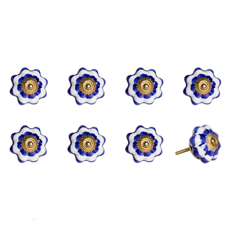 Set of 8 Blue and White Ceramic Drawer Pull Knobs for Cabinets - 1.50” x 1.50” x 1.50” - Blue