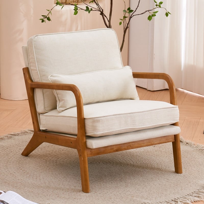 Mid Century Modern Upholstered Accent Chair - Beige  Linen