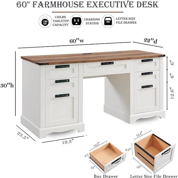 dimension image slide 1 of 5, 60" Farmhouse Executive Desk, Wood Home Office Desk, Computer Desk