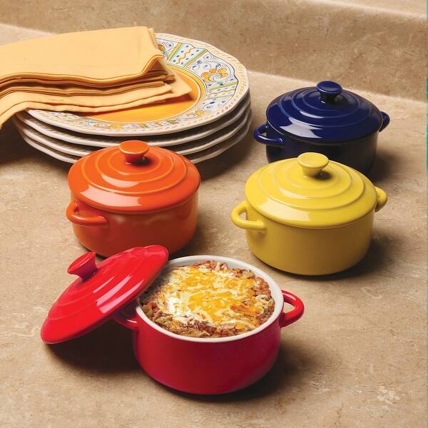 Shop Bw Brands Mini Casserole Pots Set Of 4 Stoneware Single Serve Baking Dishes With Lids 8 Ounces Each Multi Colored Overstock 16293267