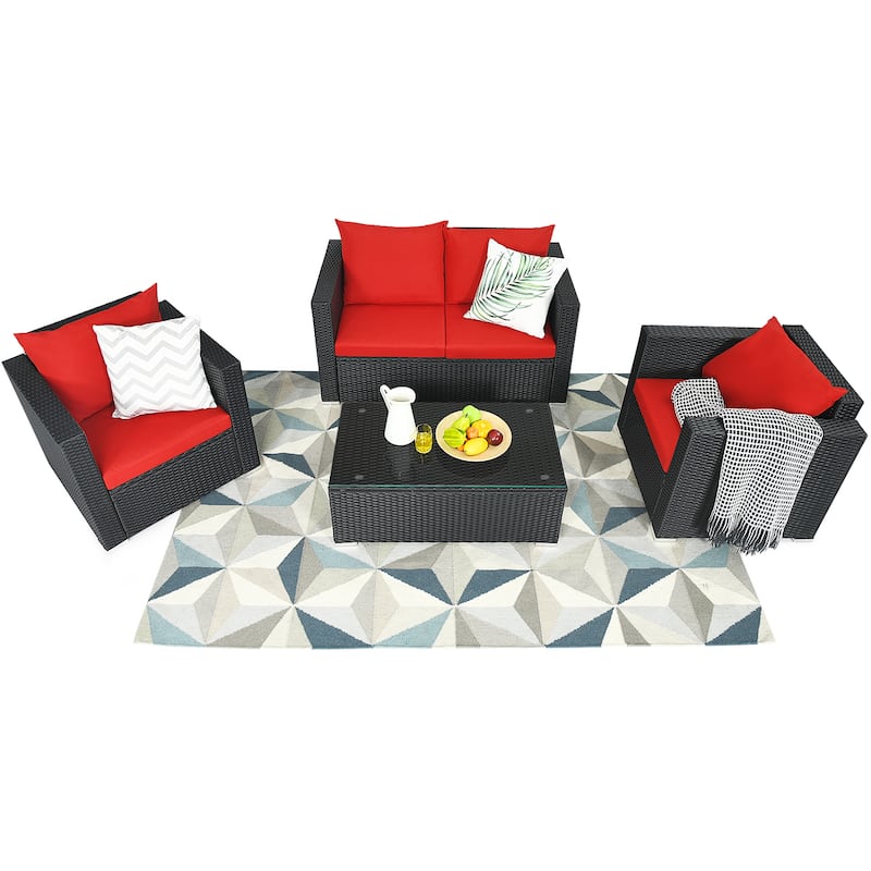 Gymax 4PCS Rattan Patio Conversation Set Outdoor Furniture Set w/