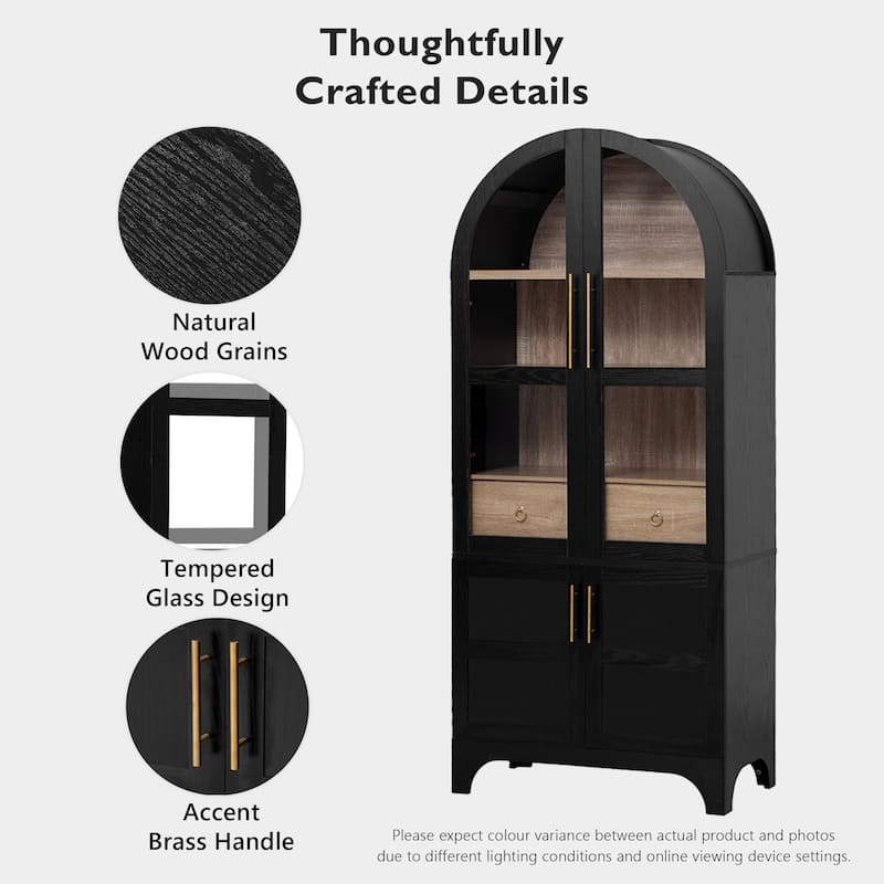71"Tall Arched Kitchen Pantry Cabinet with Door Shelves,Cabinet with Open & Adjustable Shelves,Hidden Drawer & Glass Door