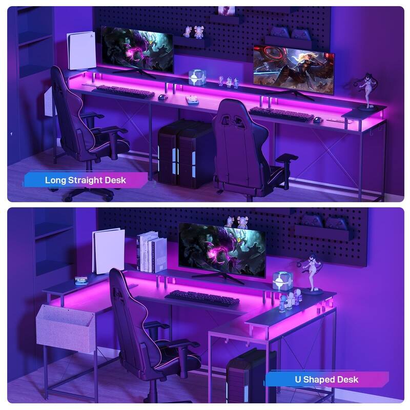 79" U Shaped Computer Desk with Power Outlets,Storage Bag, Hooks