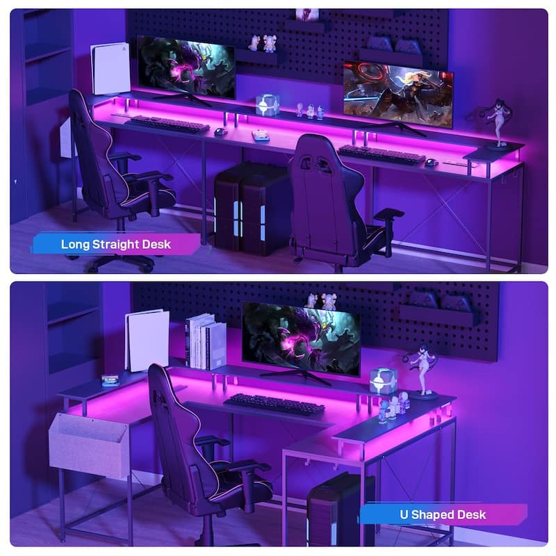 79" U Shaped Gaming Desk with Monitor Stand and LED Lights