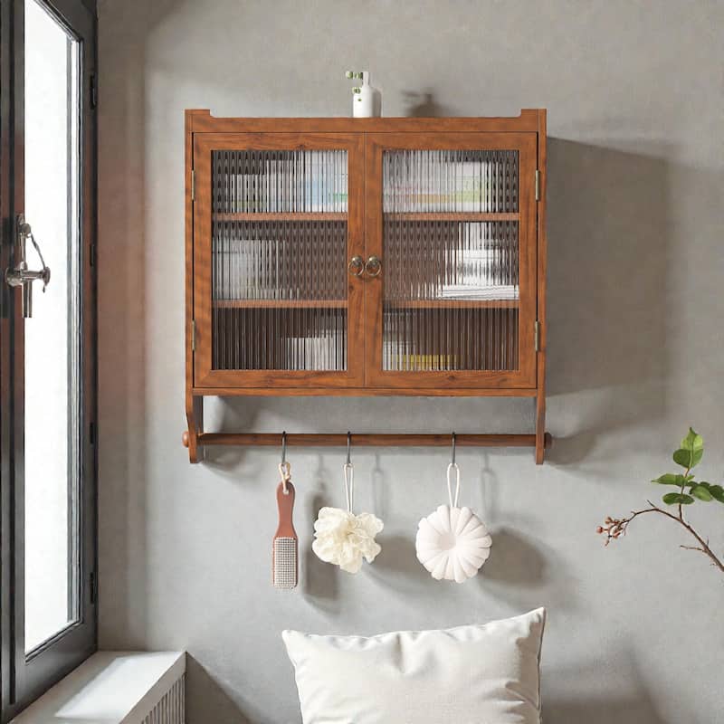24.8" Vintage Wall Cabinet with Glass Double Doors, 3-Tier Storage and Towel Rack, Solid Wood Bathroom Kitchen Cabinet