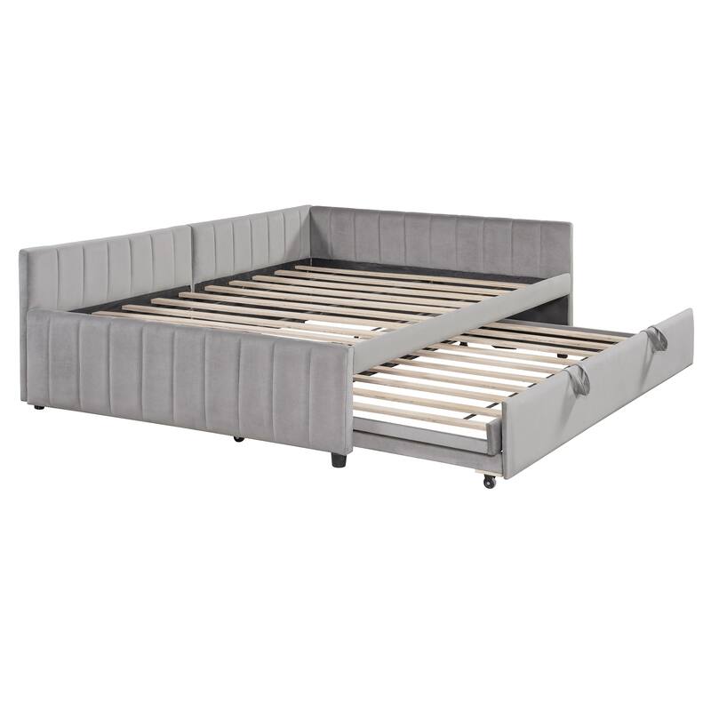 2-in-1 Daybed with Pop Up Trundle Bed, L-Shaped Upholstered Daybed Convertible Platform Bed, Vertical Stripes Frame Sofa Bed