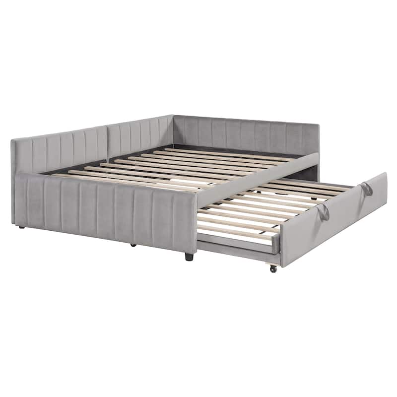 L-Shaped Upholstered Daybed with Pop-up Trundle, Extendable Platform Bed Frame with Wooden Slats Support, Full to King Design