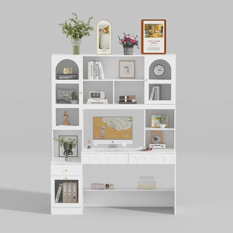 Multi-Tier Bookcase Built-In Desk - Space-Saving Design Home or Office