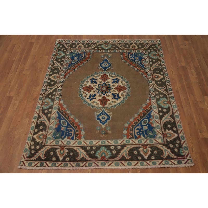 Hand Knotted Oriental 100% Wool Carpet Traditional Medallion Brown Tabriz Area Rug - 5' 11'' X 4' 10''
