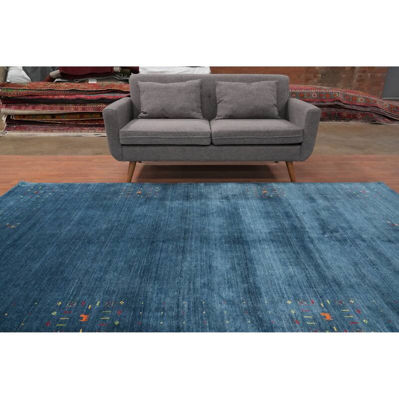 Hand Knotted Oriental Viscose Silk Carpet Tribal Animal Pictorial Navy Blue & Blues Gabbeh Area Rug - 9' 9'' X 5' 11''