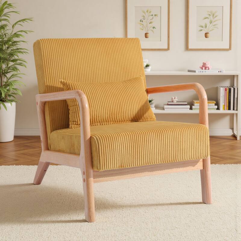 25" W Mid Century Upholstered Wood Accent Chair with Pillow - Natural Wood - Orange