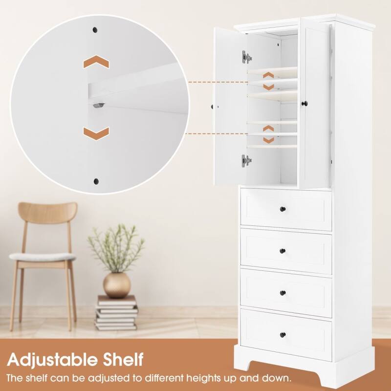 Storage Cabinet with 2 Doors and 4 Drawers for Bathroom Adjustable Shelf, MDF Board with Painted Finish