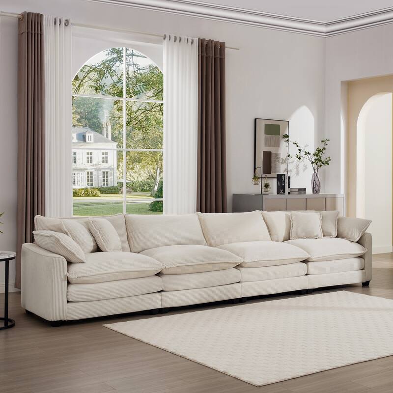 Beige 150" Corduroy Cloud Upholstered 4-seater Modular Sectional Sofa with 6 Pillows, Double Cushion Seat, Free Combination