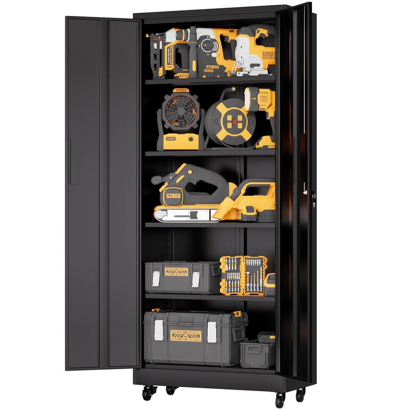 71"H Metal Garage Storage Cabinet with Wheels and Lock, 4 Adjustable Shelves (180lb Each), 3-Point Locking Security