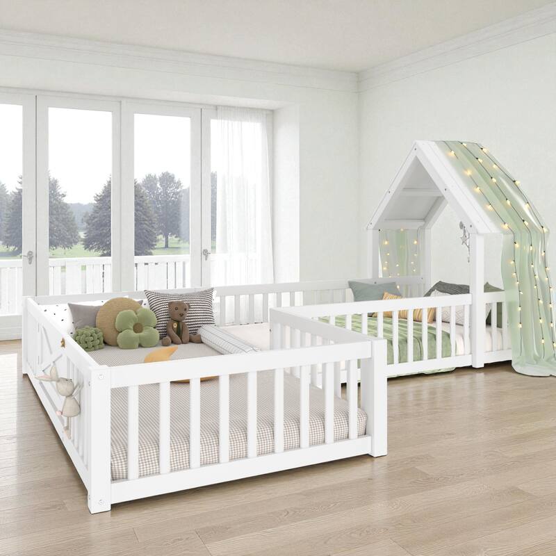 Twin/Full Size House Floor Bed with Door and Guardrails, Double Twin/Full Solid Wood Montessori Bed for Kids