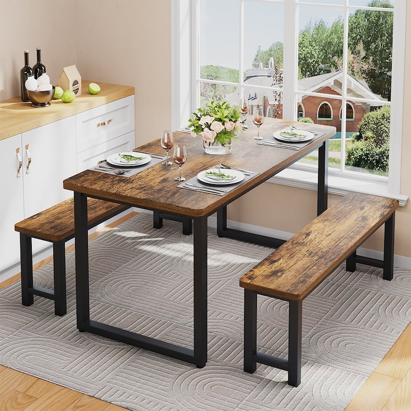 Farmhouse Dining Table Set with 2 Benches, 3-PieceTable Set