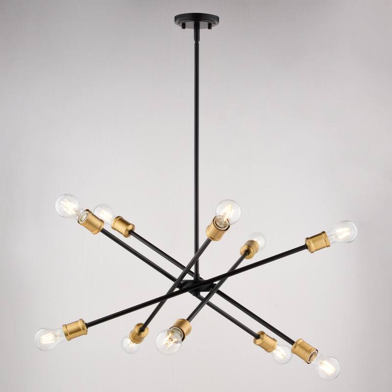 Gresham 10 Light Gold Brass and Black Mid-Century Modern Chandelier Adjustable Arms - 34.25-in W x 14.75-in H x 34.25-in D