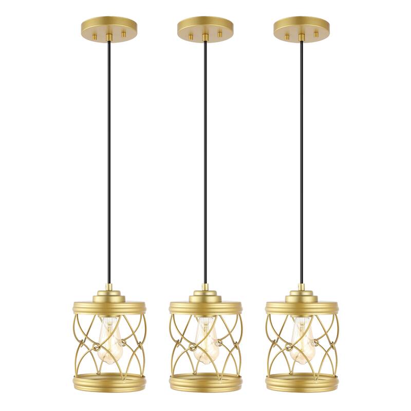 Helisa 6.5" 1-Light Farmhouse Industrial Iron Filigree Caged Jar LED Pendant, (Set of 3) by JONATHAN Y - Gold Painting
