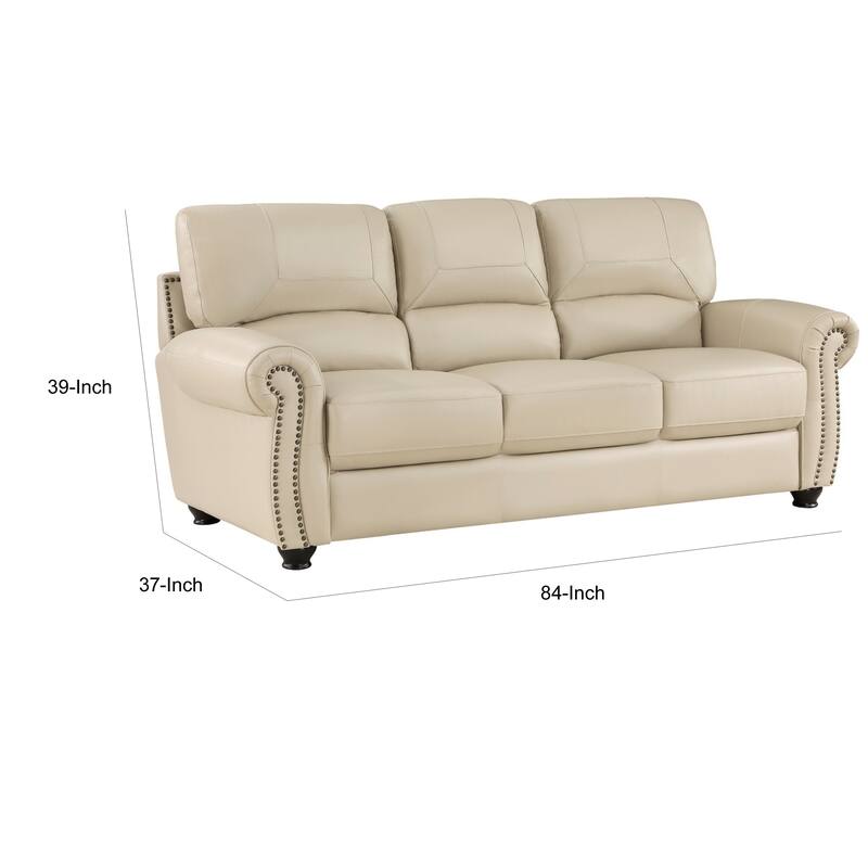 Kia 84 Inch Sofa, Cream Top Grain and Faux Leather, Brown Solid Wood