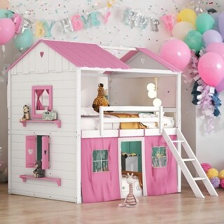 Full Size Bunk Bed Wood House Bed Kids Bed with Elegant Windows Sills and Tent, Pink+White