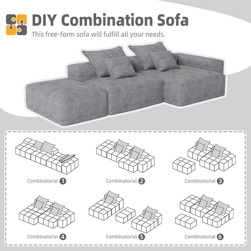 Oversized Modular Chenille Sectional Sofa with Ottoman, Chaise Lounge, 1 Armrest and 4 Pillows for Living Room