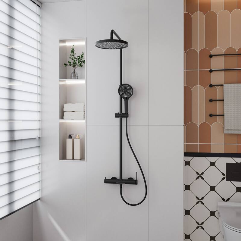 Modland Wall Mount 3-Function Shower System with 10" Rainfall, 1.59GPM, Matte Black/Rose Gold/Chrome