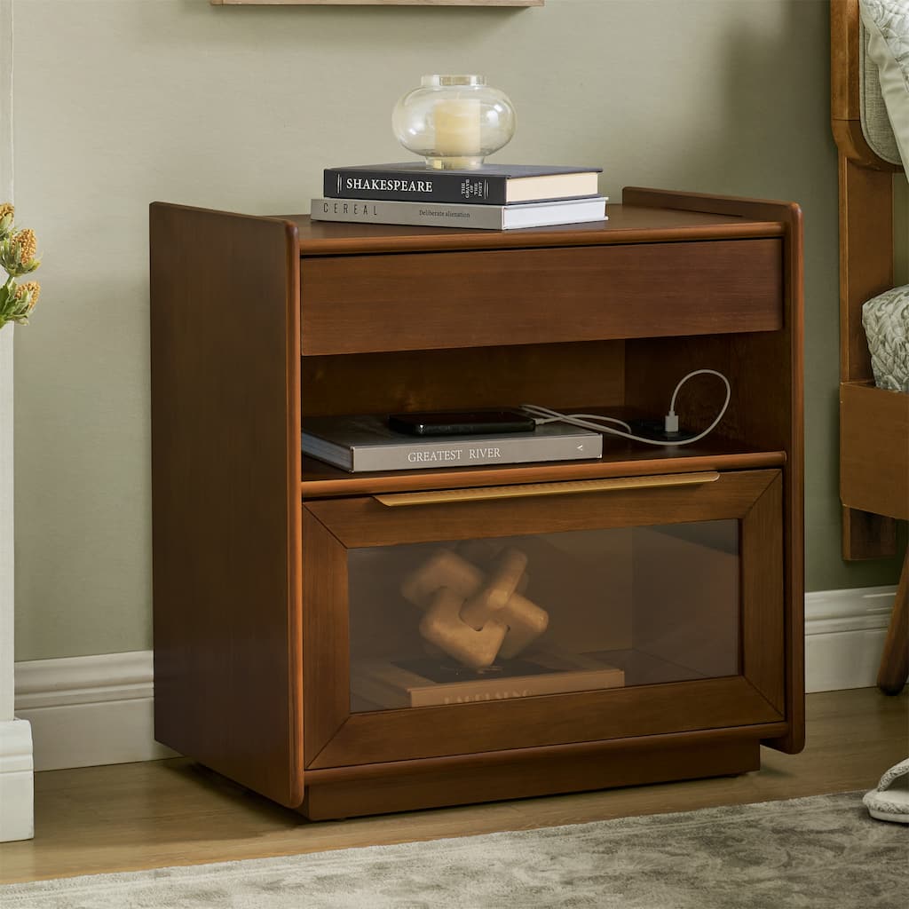 Modern Nightstand with Charging Station,Outlet Hole and 2 Drawers