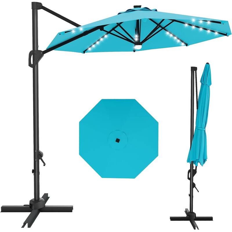 10FT Cantilever Patio Umbrella with Solar Lights, 360° Rotation Offset Umbrella - Turquoise Blue