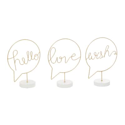 Wooden Hello, Love, Wish Decorative Sign with Text Bubble Design - Set of 3 Gold - Roche River Decor