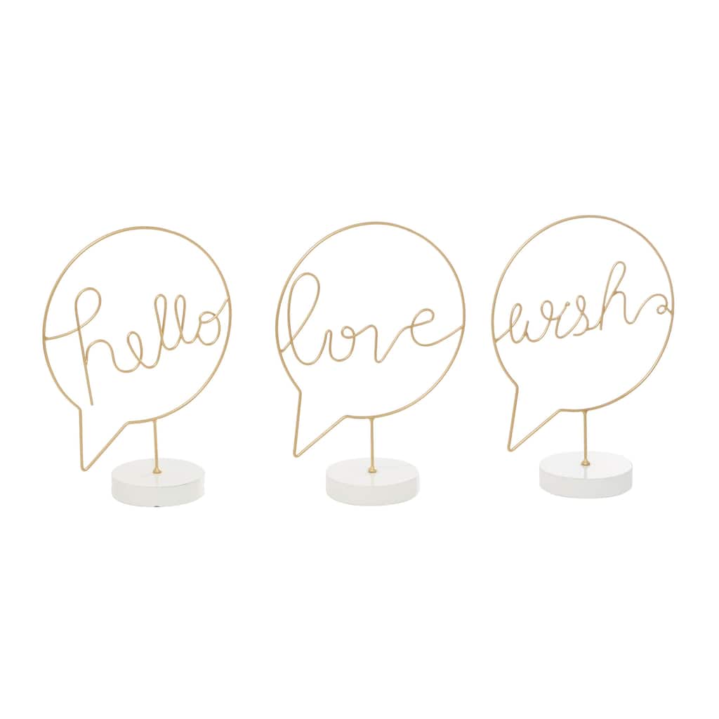 Wooden Hello, Love, Wish Decorative Sign with Text Bubble Design - Set of 3 Gold - Roche River Decor