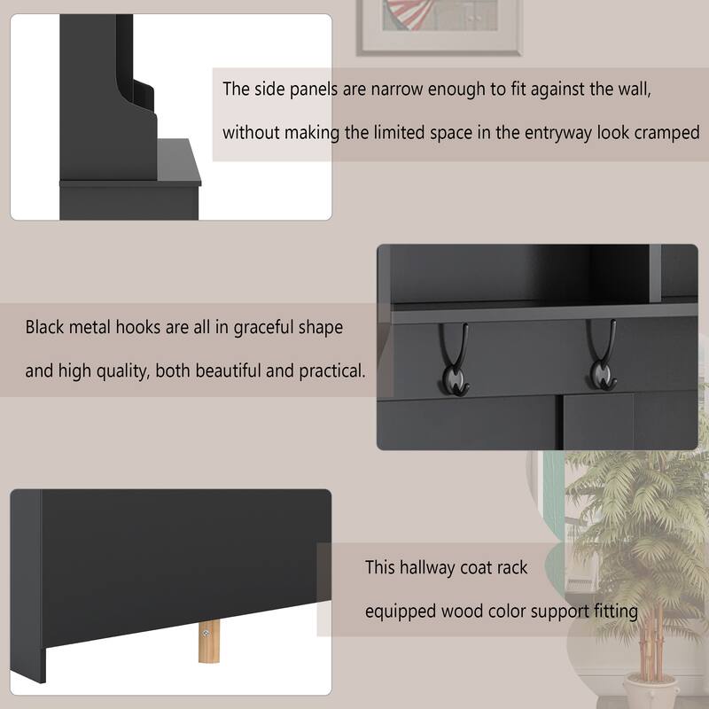 60" Wide Black Hall Tree with 24 Shoe Cubbies, Metal Black Hooks