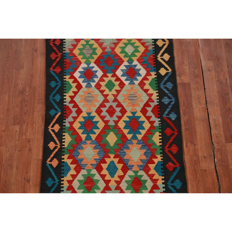Hand Woven Oriental 100% Wool Carpet Southwestern Geometric Multi-Colored Kilim Runner Rug - 12' 9'' X 2' 9''