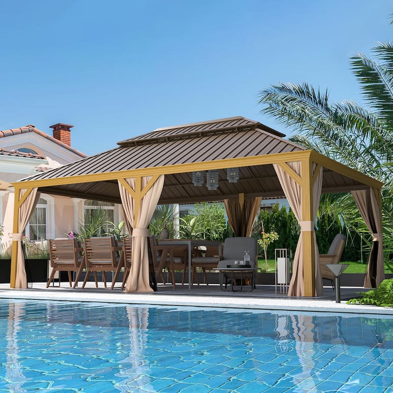 Outdoor Galvanized Steel Roof Gazebo Pergola w Wooden Coated Alumninum Frame, Privacy Curtains and Nettings Include - 12'x22' - Rain Gutter