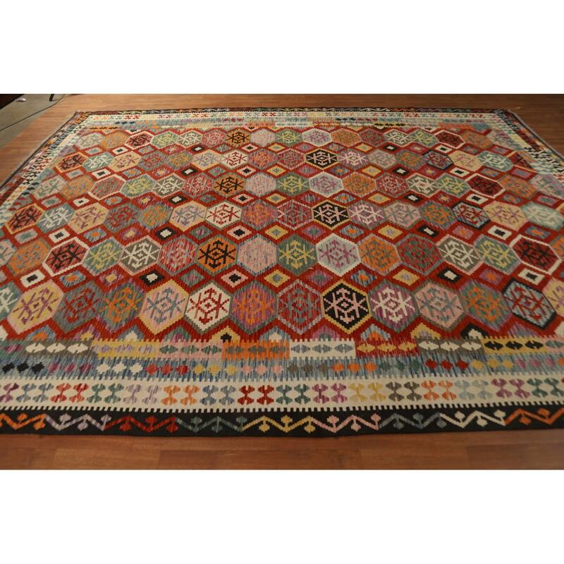 Geometric Kilim Oriental Area Rug Reversible Flatweave Wool Carpet - 10'3"x 13'0"