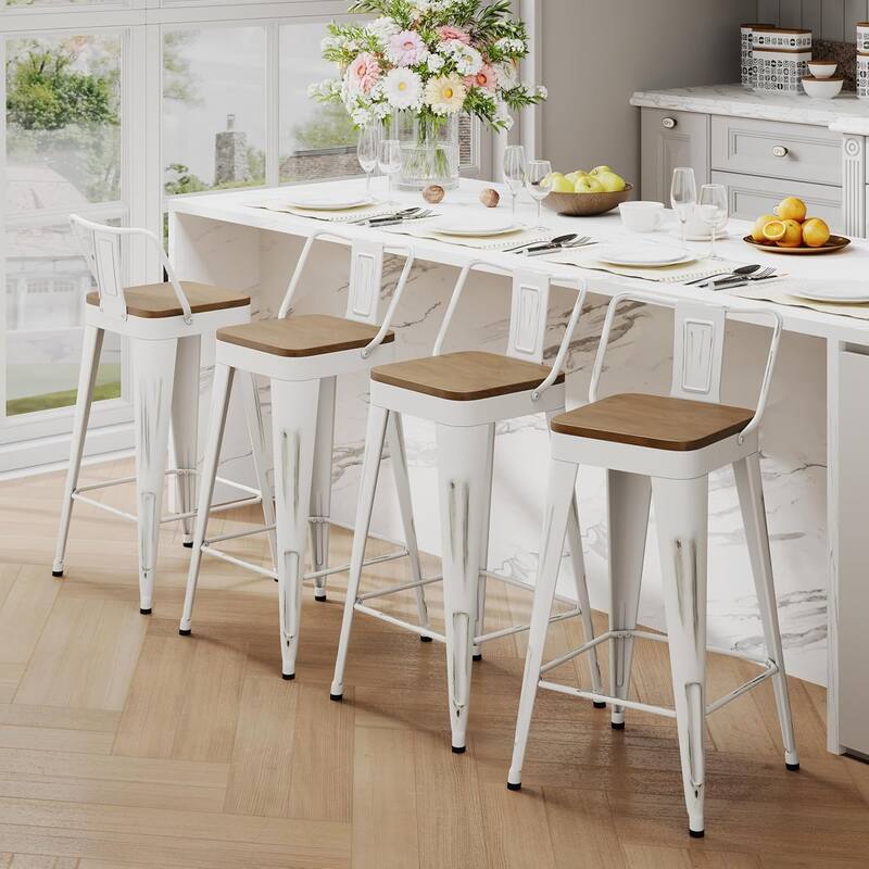 Industrial Style Bar & Counter Stools with Metal Frame Kitchen 26" and 30" Seat Height Stools with Low Back and Wooden Seat - Distressed White - Counter Height