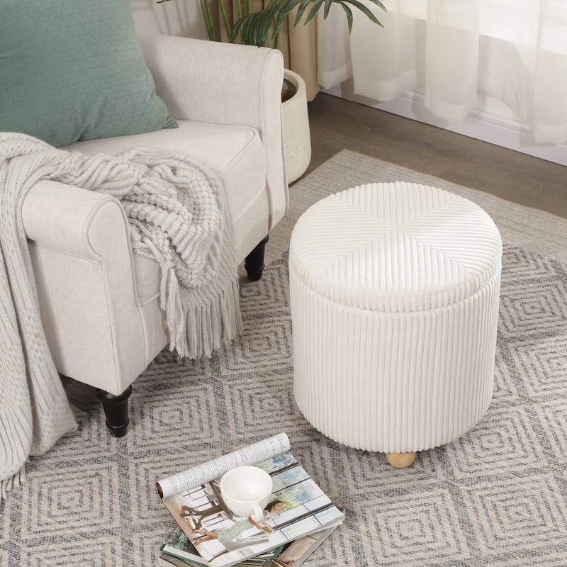 Adeco Round Velvet Storage Ottoman - White