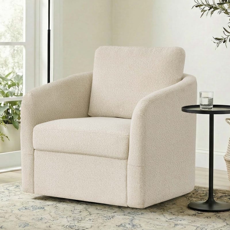Spruce & Spring Modern Upholstered Swivel Barrel Accent Chair with Ottoman & Removable Slipcover - Single Chair - Beige