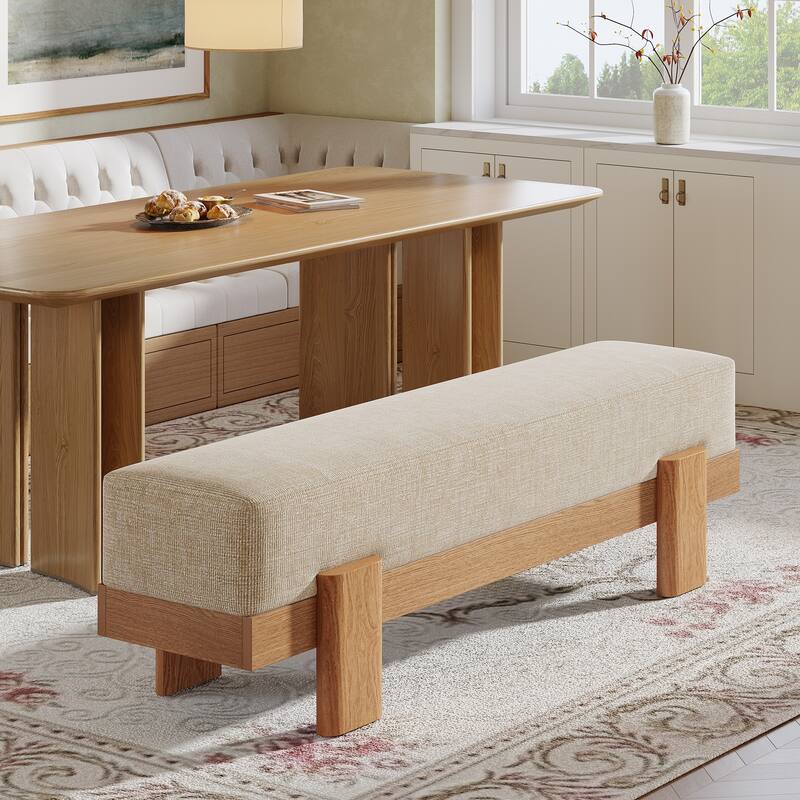 Upholstered Dining Bench, Padded Seat Kitchen Bench, Accent Seat Living/Dining Room Stool - Beige+Oak