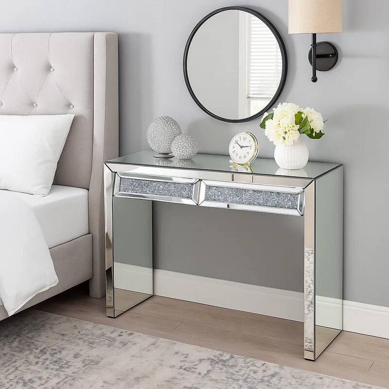 Console Table with Two Storage Drawers and Faux Diamond Inlay, Silver