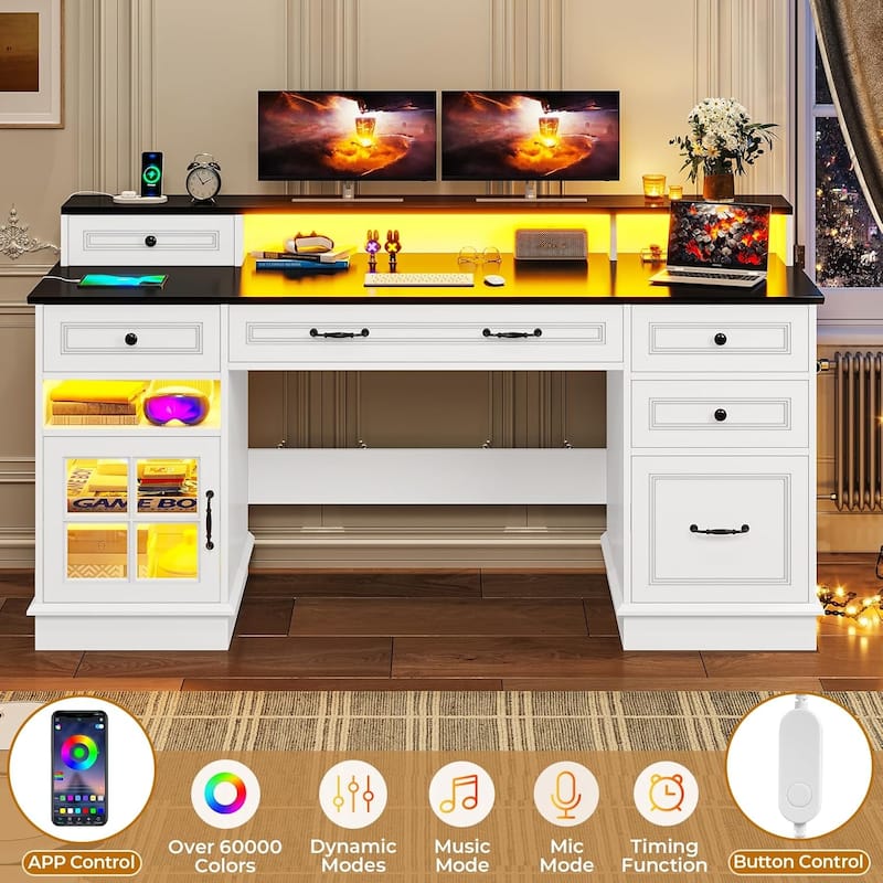Executive Desk with Drawers Computer Desk with File Drawers Power Outlet LED Lights Storage Cabinet Monitor Shelf