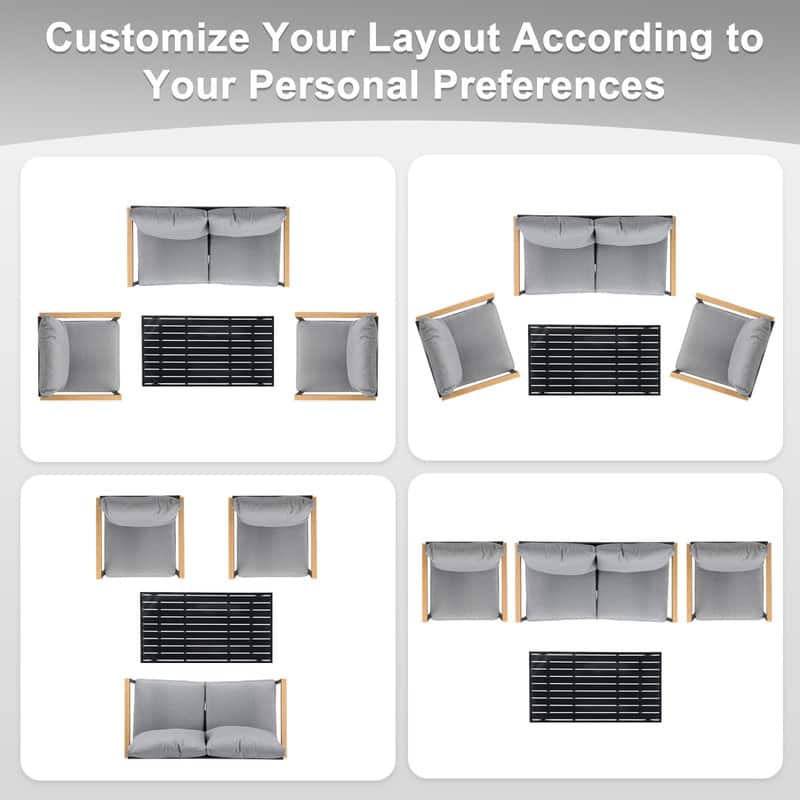 4-Piece Black Iron Patio Set with Gray Cushions, Coffee Table & 2 Singles+1 Loveseat