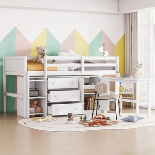 Twin Size Low Loft Bed with Pull-Out Desk and Ample Storage ,Includes Drawers, Cabinet